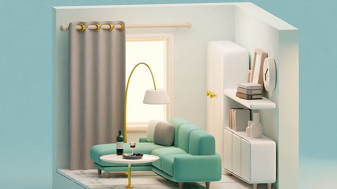 Isometric Stylized Cartoon Living Room 25 items Interior Pack Low-poly 3D model 7