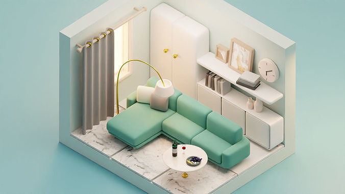 Isometric Stylized Cartoon Living Room 25 items Interior Pack Low-poly 3D model 2