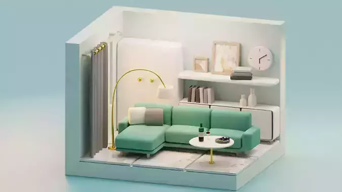 Isometric Stylized Cartoon Living Room 25 items Interior Pack