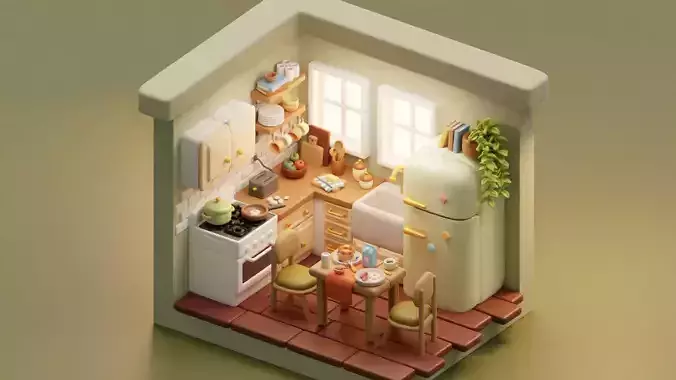 Isometric Stylized Cartoon Kitchen 52 items interior Pack