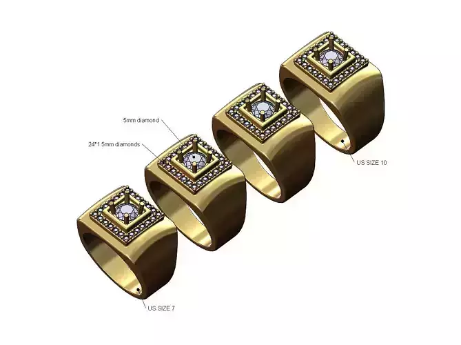 Diamond cluster square dome signet ring US sizes 7to10