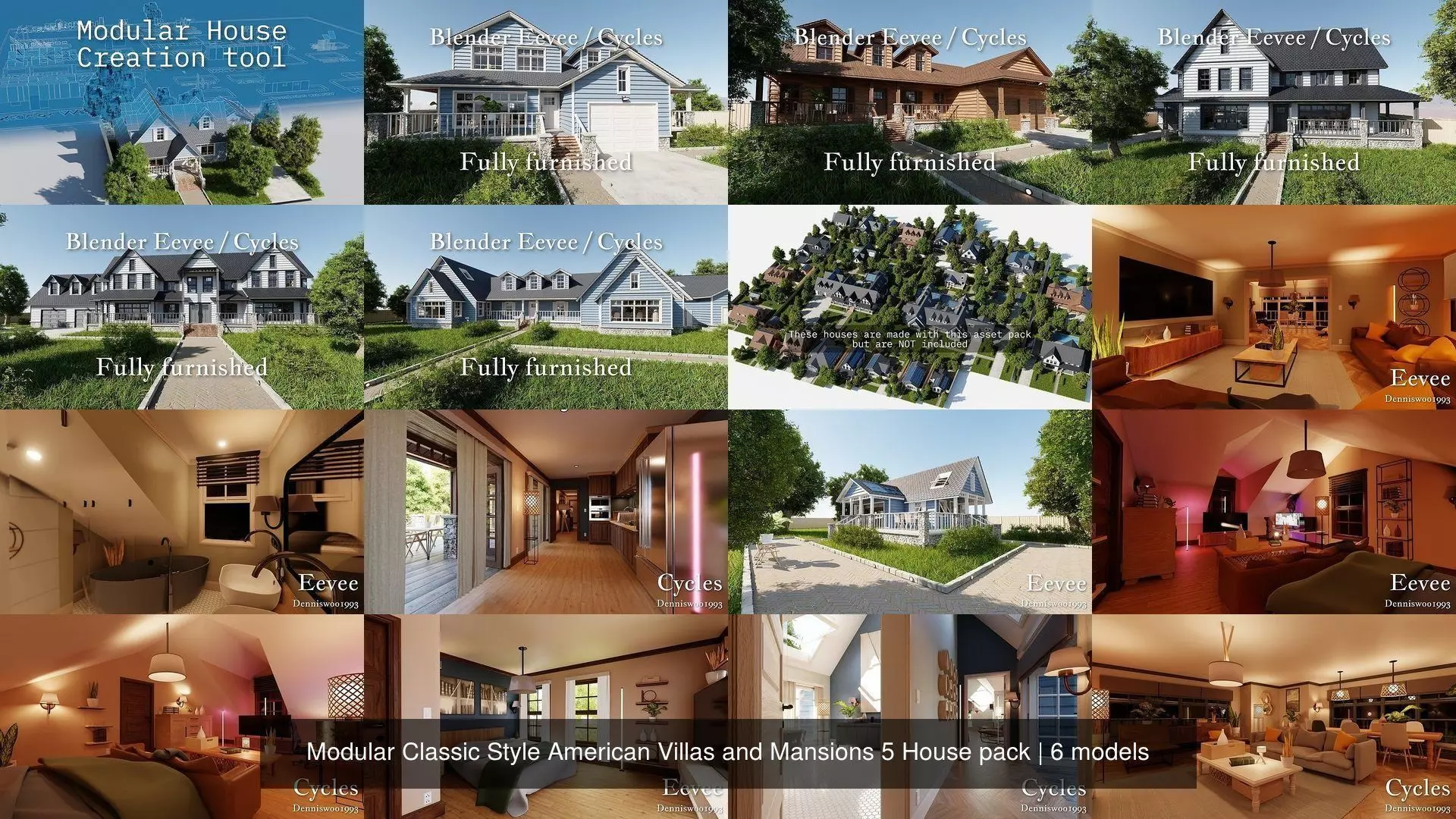 Modular Classic Style American Villas and Mansions 5 House pack 3D Model Collection_7
