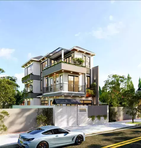 Exterior Modern Villa Full Scenes 3D model-Corona render