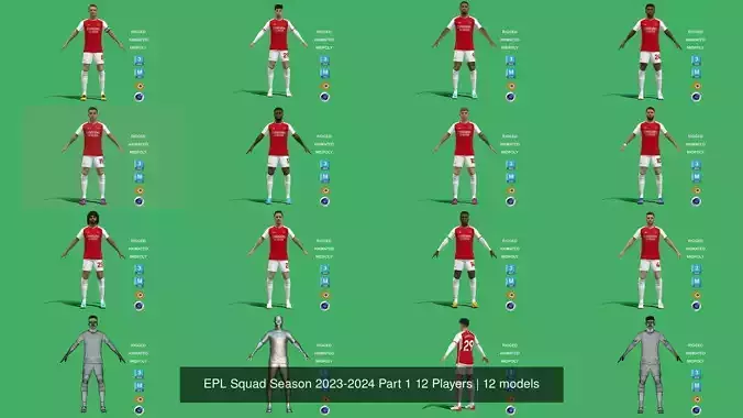 EPL Squad Season 2023-2024 Part 1 12 Players 3D Model Collection