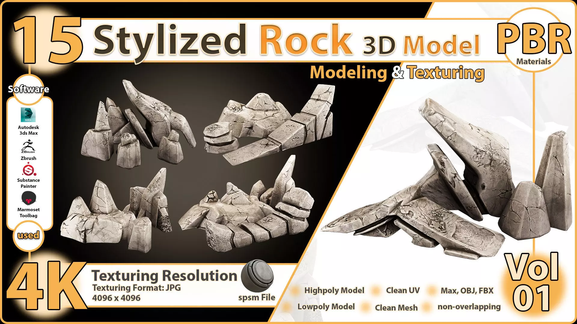 15 Stylized Rocks 3D Model - Vol 01 Low-poly 3D model_0