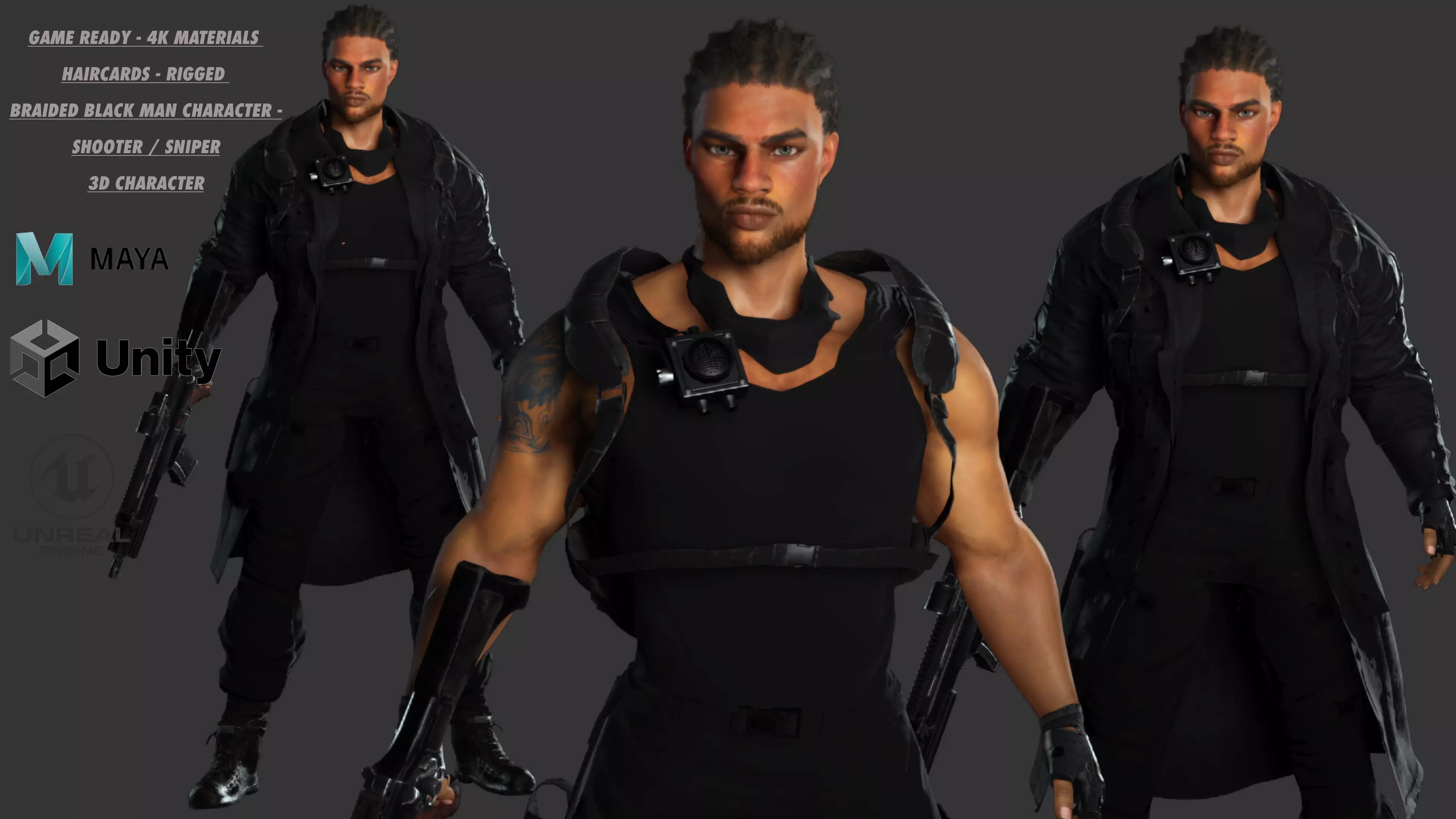 AAA 3D REALISTIC BRAIDED BLACK MAN CHARACTER-GUN SHOOTER SNIPER Low-poly 3D model_0