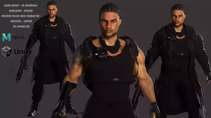 AAA 3D REALISTIC BRAIDED BLACK MAN CHARACTER-GUN SHOOTER SNIPER