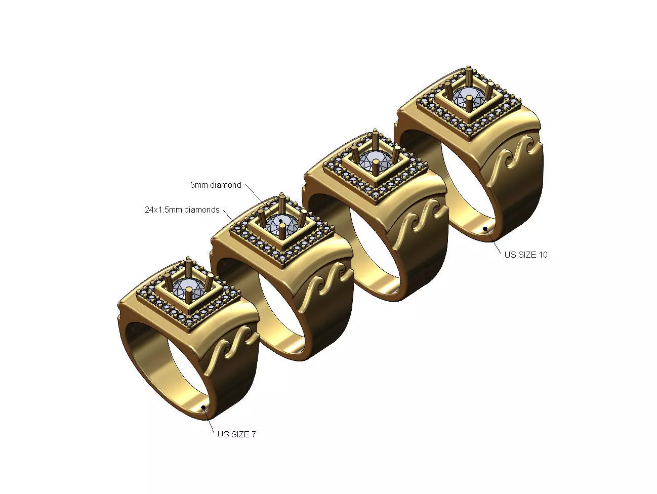 Diamond cluster greek key wave dome square ring US sizes 7to10 3D print model