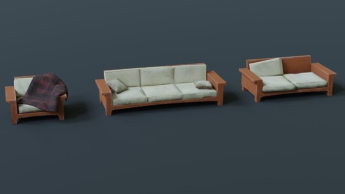 Worn down sofa set Low-poly 3D model