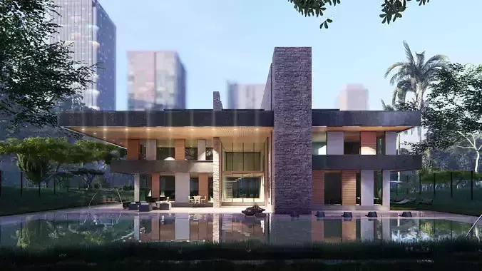 Frank lloyd wright style house modern architecture furnished 3d 3D model