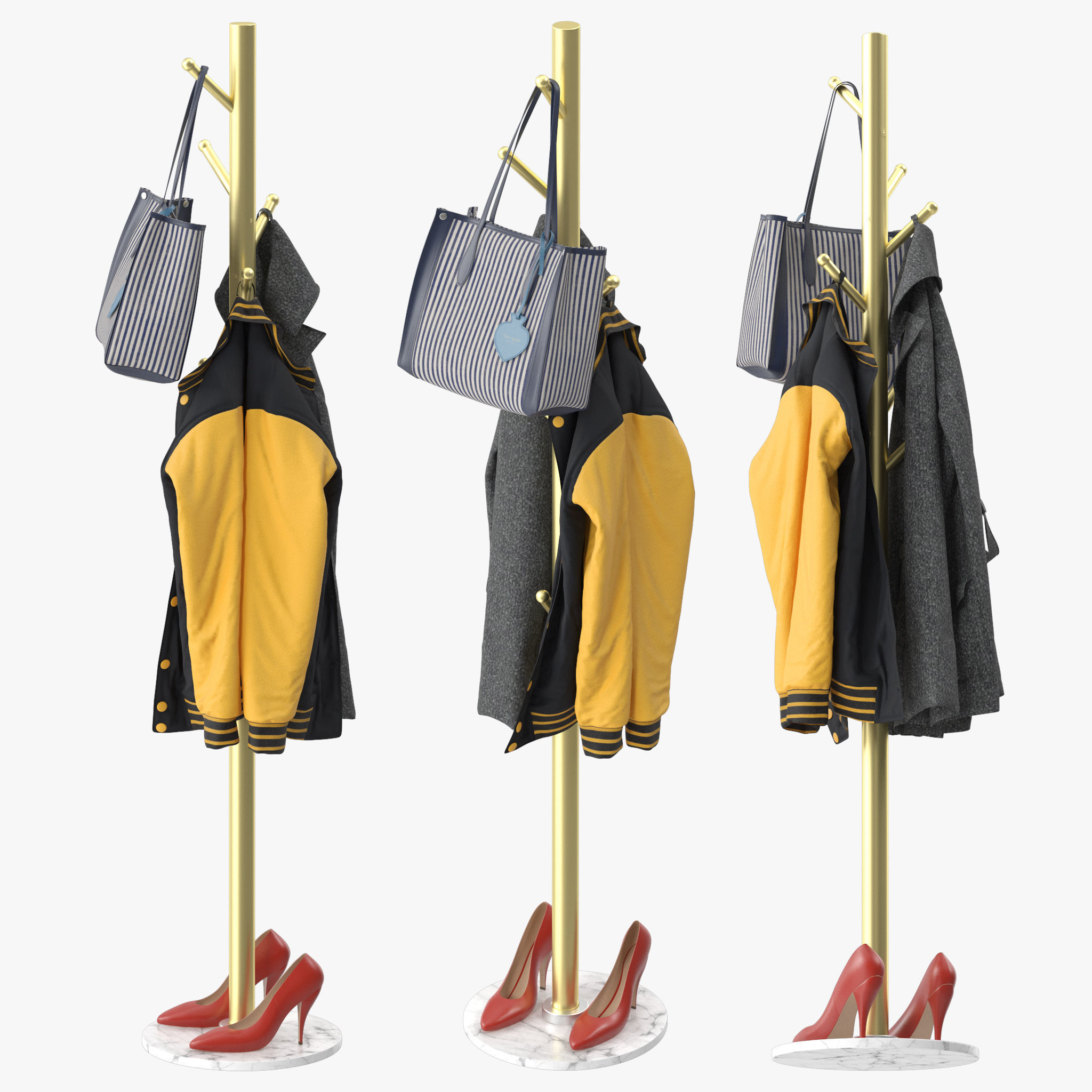 Coat Rack Stand with Natural Marble Base 3D model_1