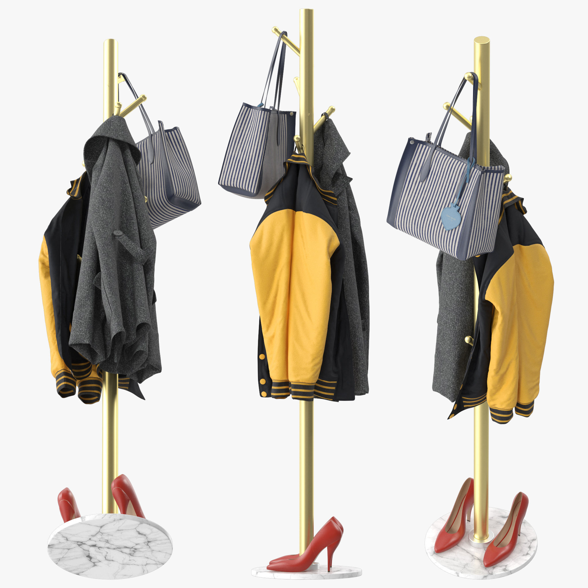 Coat Rack Stand with Natural Marble Base 3D model_2