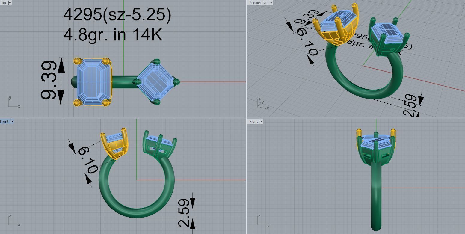 Emerald Cut Two Head Ring 4295 3D print model_4