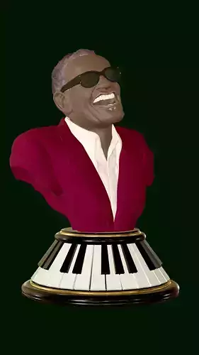 Ray Charles bust on a stylized piano base