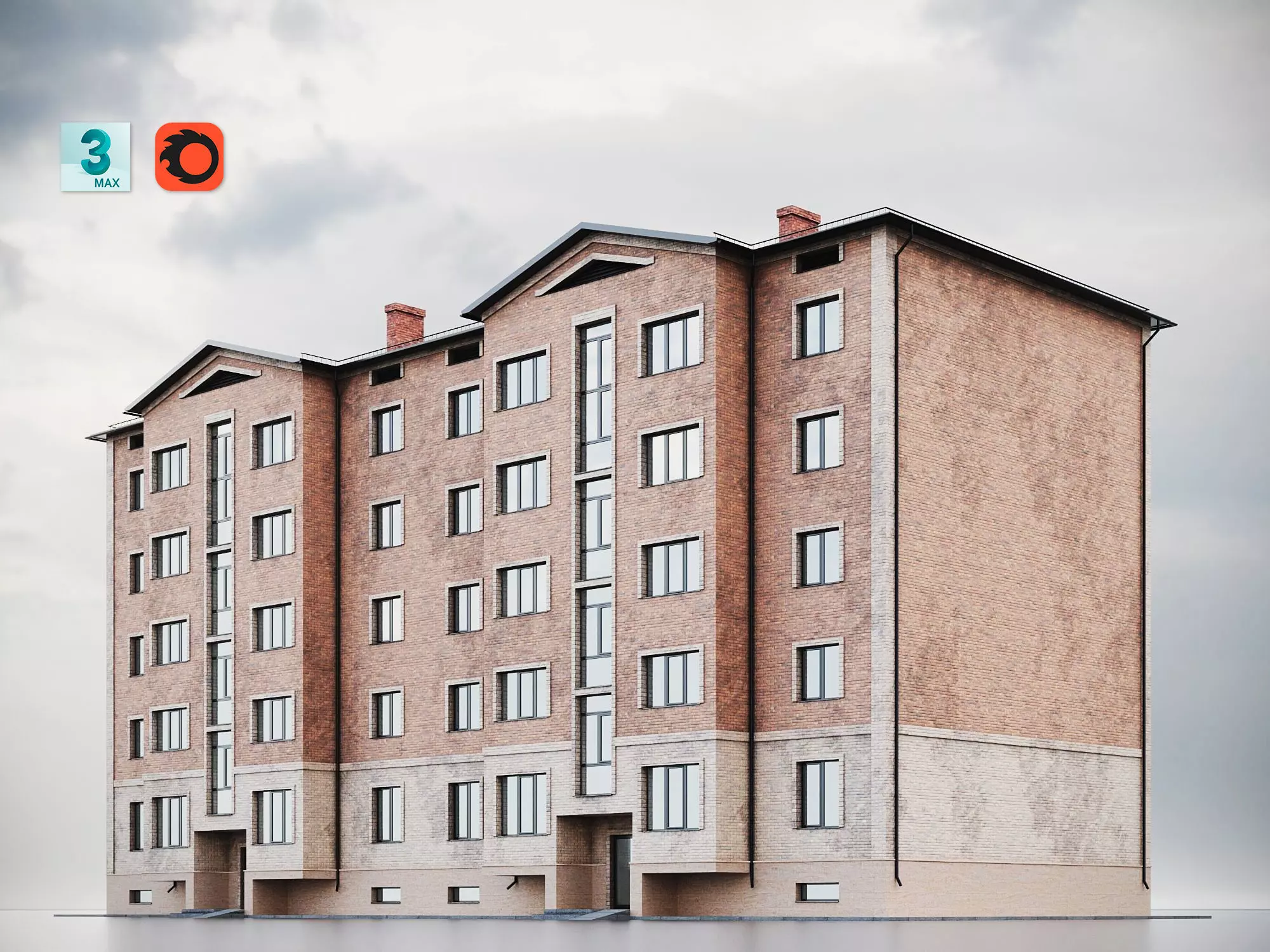 Brick Residential Building 011 3D model_0