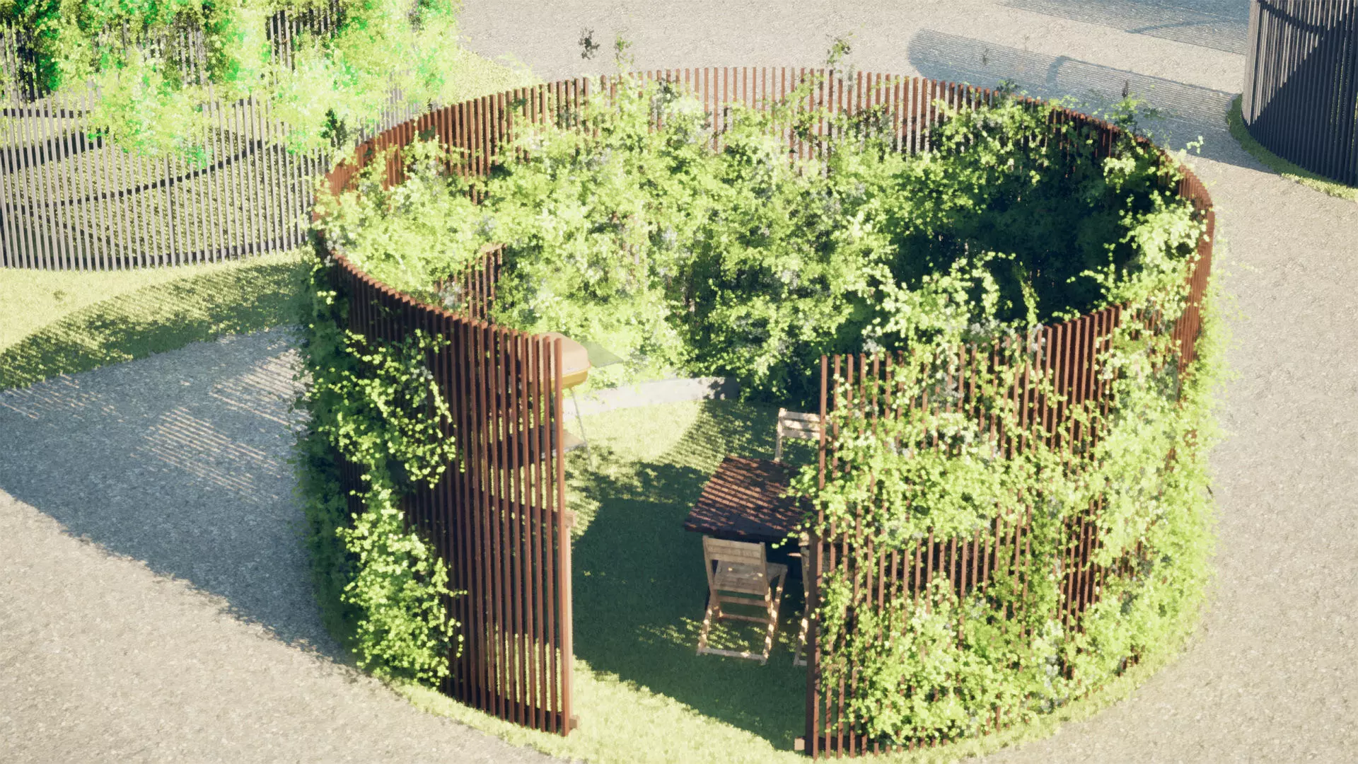 Round Gazebo with climber ivy fence 3D model_0