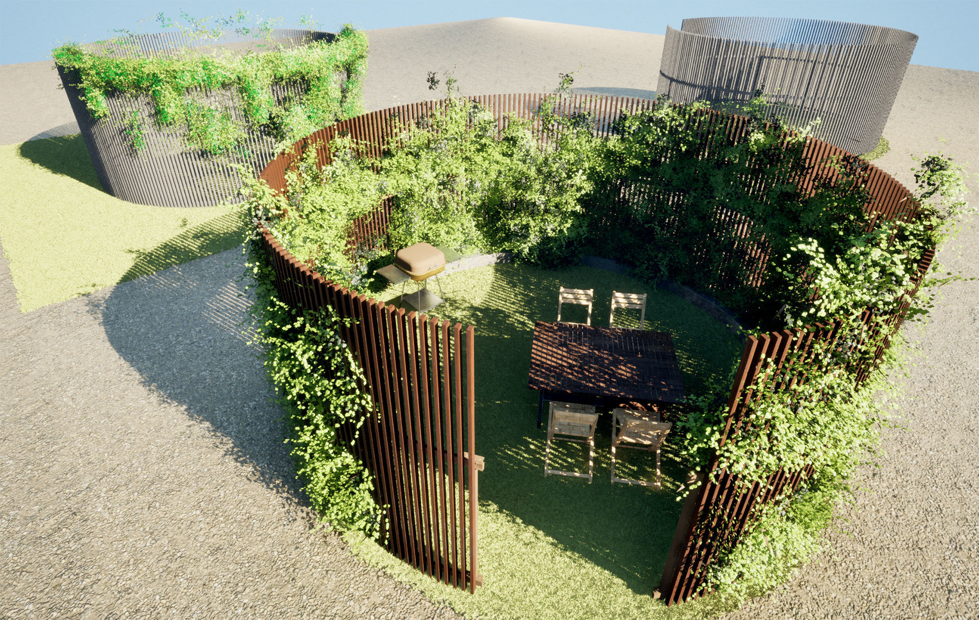 Round Gazebo with climber ivy fence 3D model_7