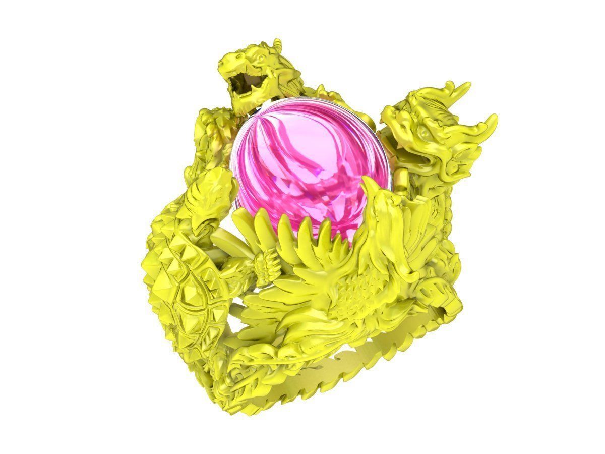 A7264 Four Spirit Ring Dragon Unicorn Turtle Phoenix Oval Ruby 3D print model_5