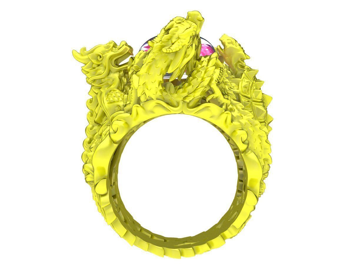 A7264 Four Spirit Ring Dragon Unicorn Turtle Phoenix Oval Ruby 3D print model_3