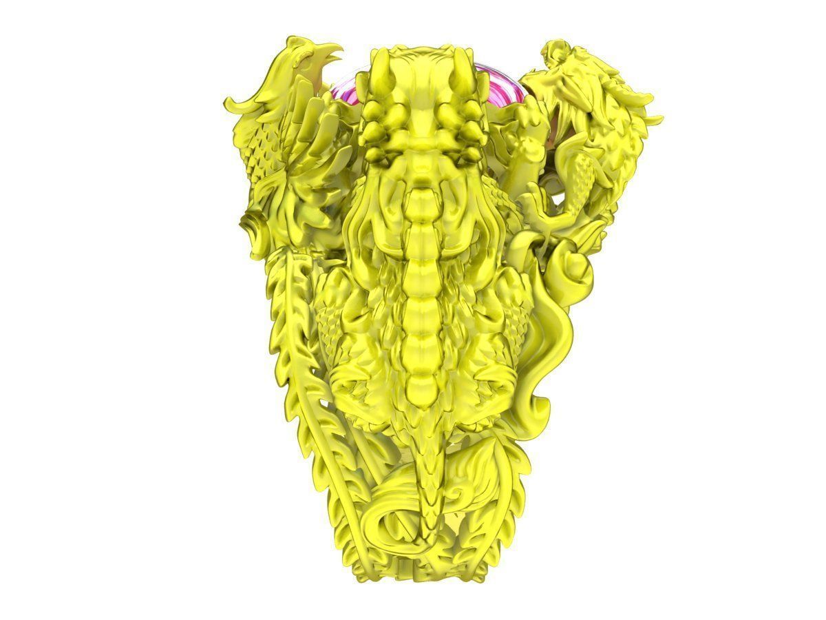 A7264 Four Spirit Ring Dragon Unicorn Turtle Phoenix Oval Ruby 3D print model_4