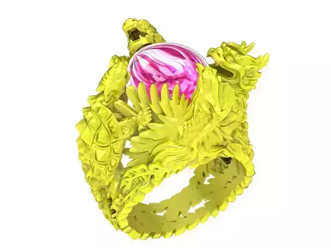 A7264 Four Spirit Ring Dragon Unicorn Turtle Phoenix Oval Ruby 
