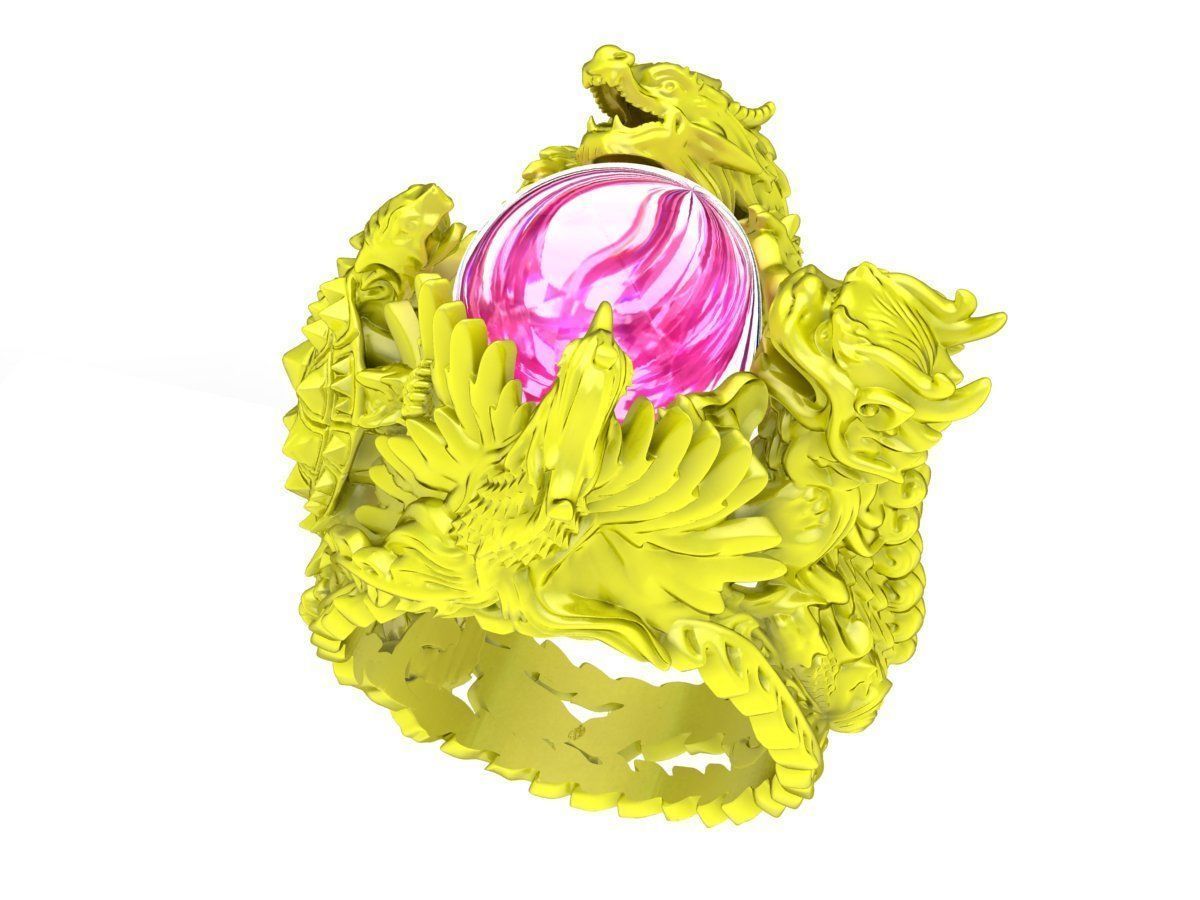 A7264 Four Spirit Ring Dragon Unicorn Turtle Phoenix Oval Ruby 3D print model_1