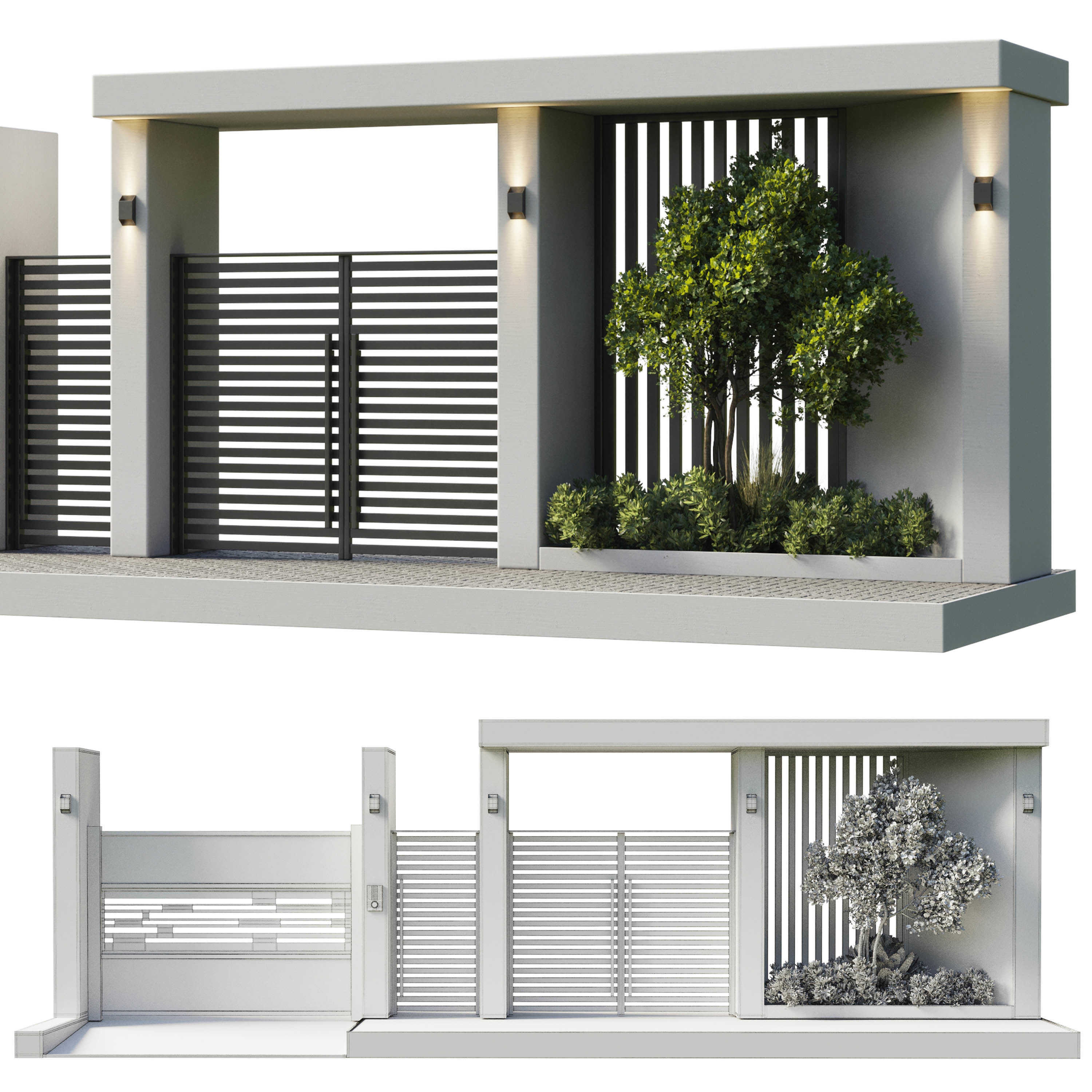 Door Outdoor entrance and fence and graden 07 Low-poly 3D model_6