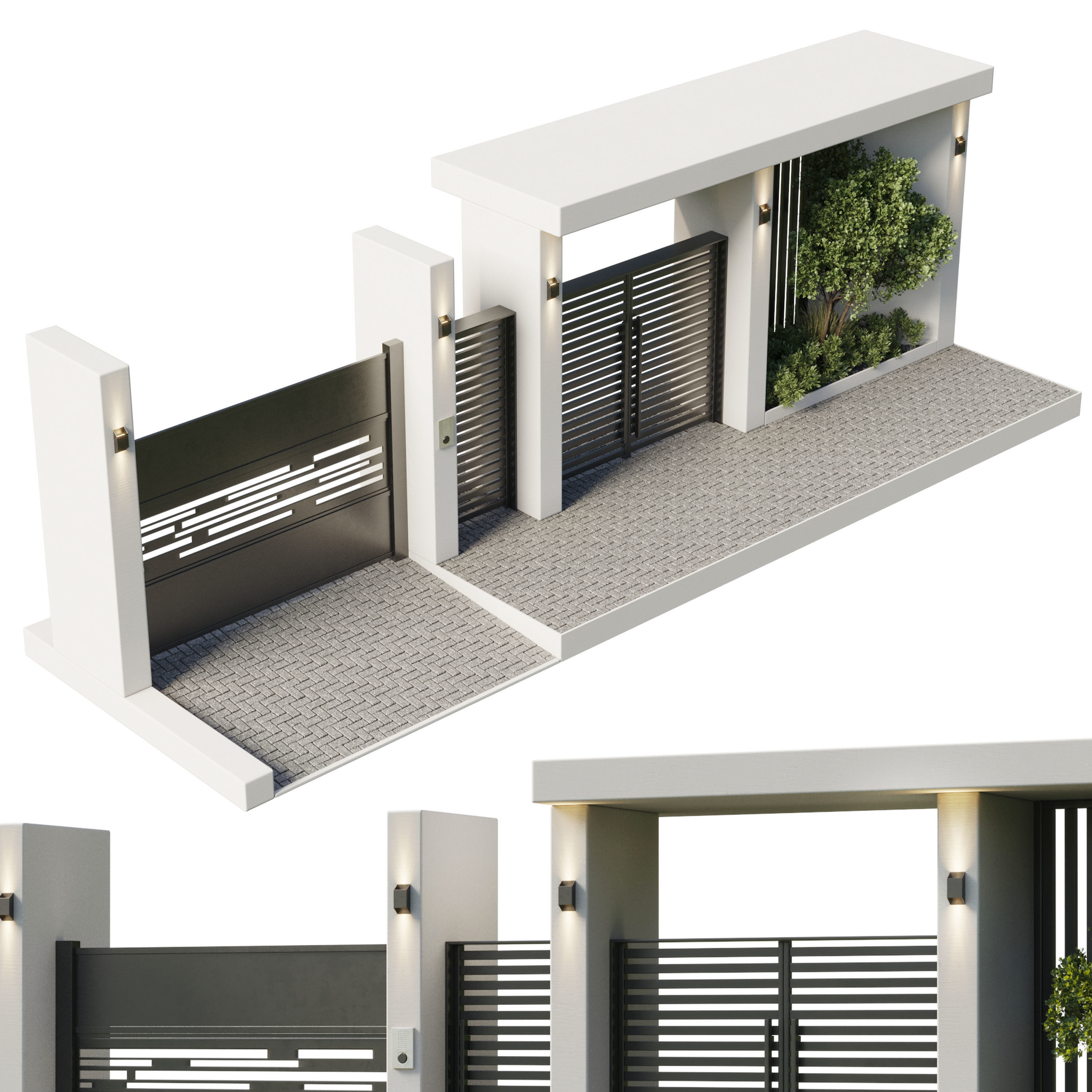 Door Outdoor entrance and fence and graden 07 Low-poly 3D model_4