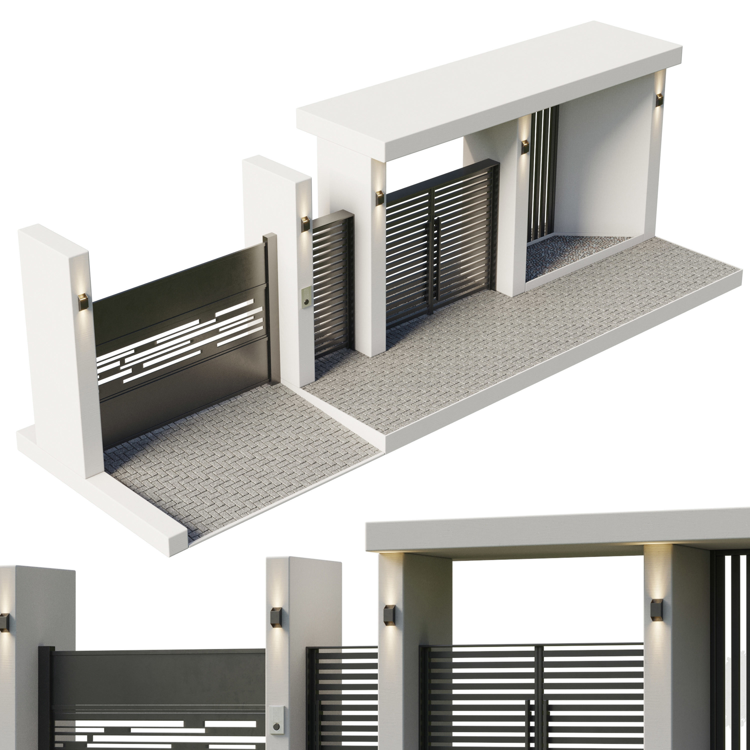 Door Outdoor entrance and fence and graden 07 Low-poly 3D model_2
