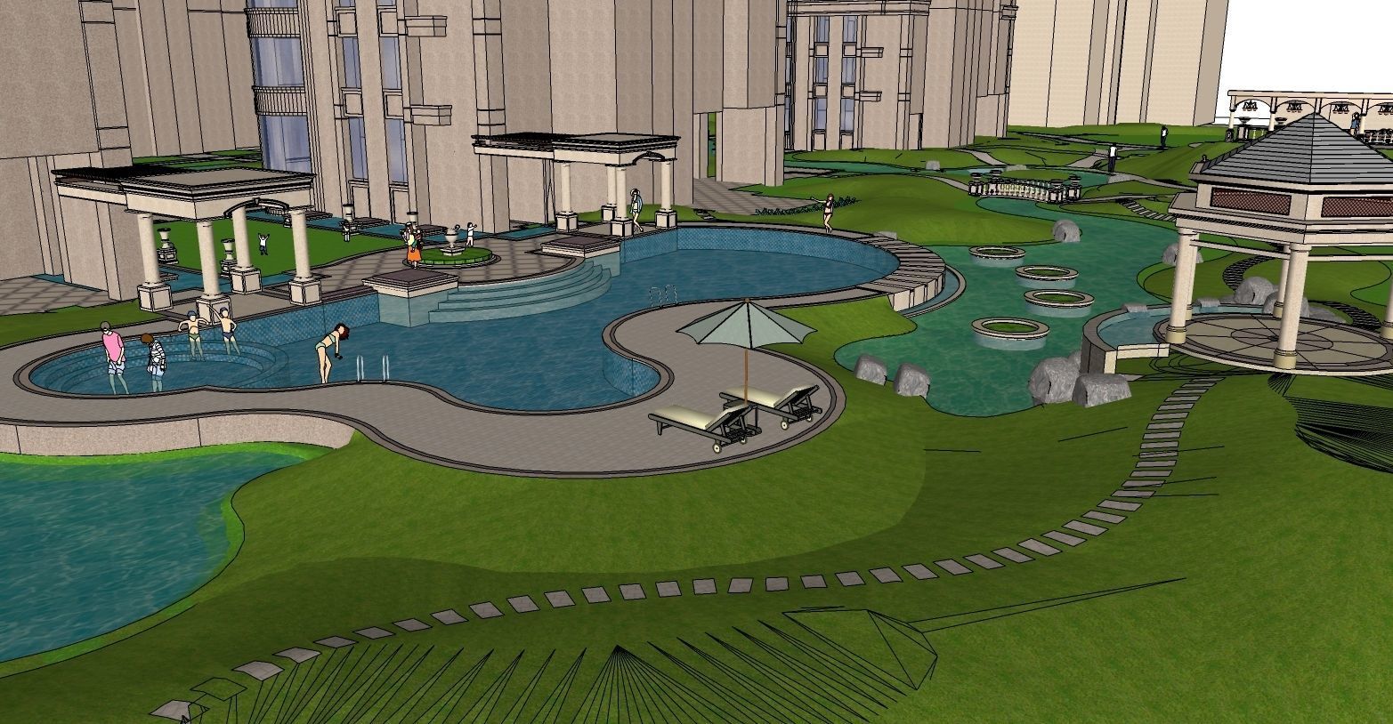 LANDSCAPE DESIGN OF POOL AREA ALONG BUILDINGS 3D model | CGTrader