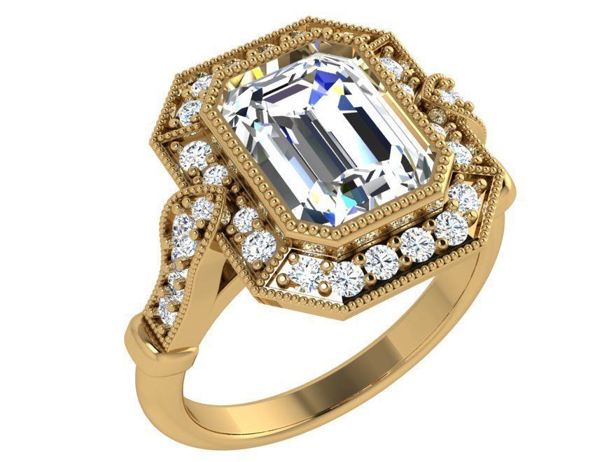 Emerald Diamond Octagonal Halo Ring 4372 3D print model_1