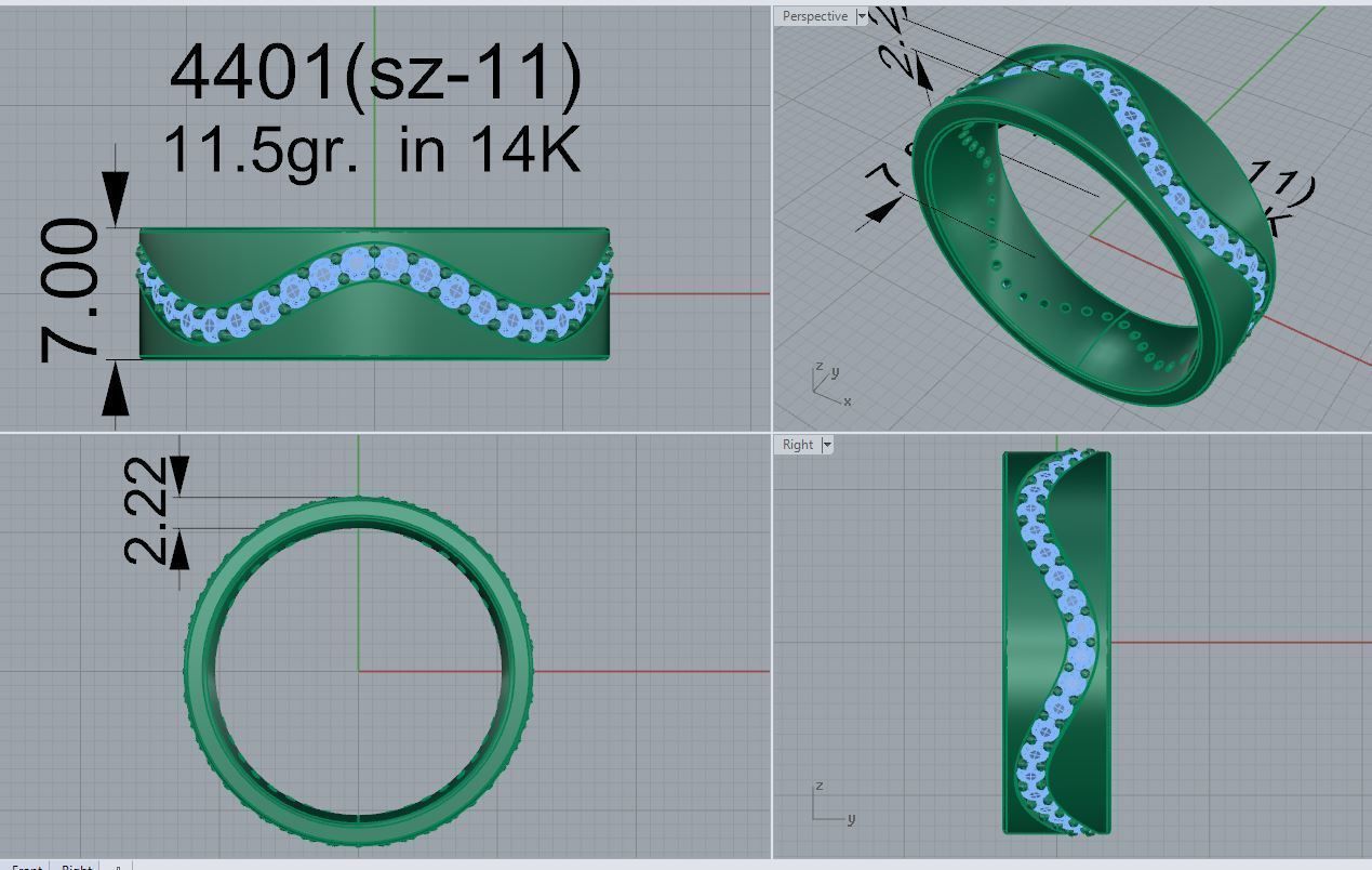 Wave Diamond Row Ring 4401 3D print model_5