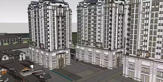 Classical highrise building complex 3D model