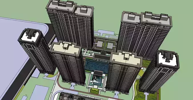 APARTMENT BUILDING RESIDENCE WITH POOL AREA 3D model