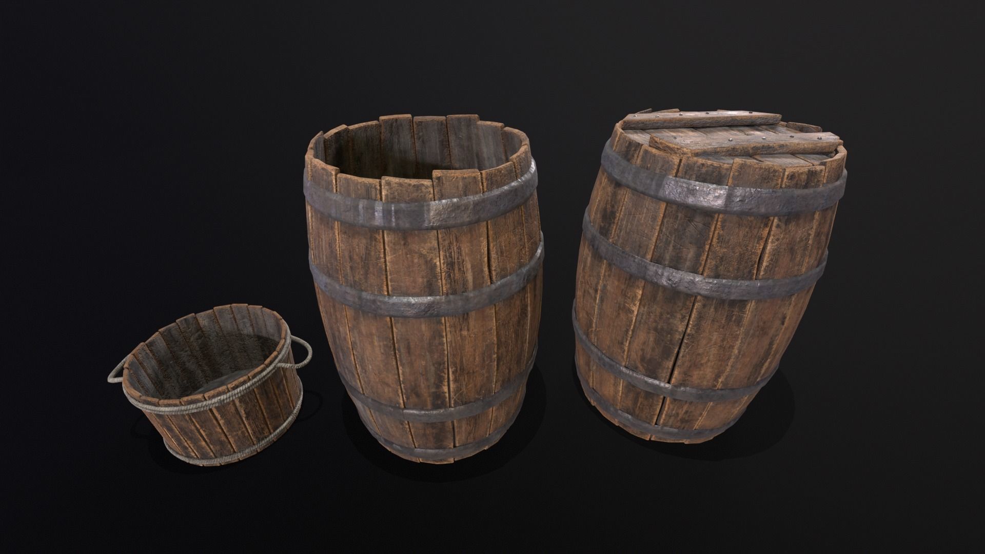 Barrels and Bucket Kit  Low-poly 3D model_2