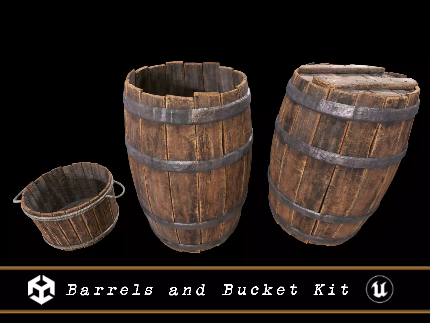Barrels and Bucket Kit  Low-poly 3D model_0