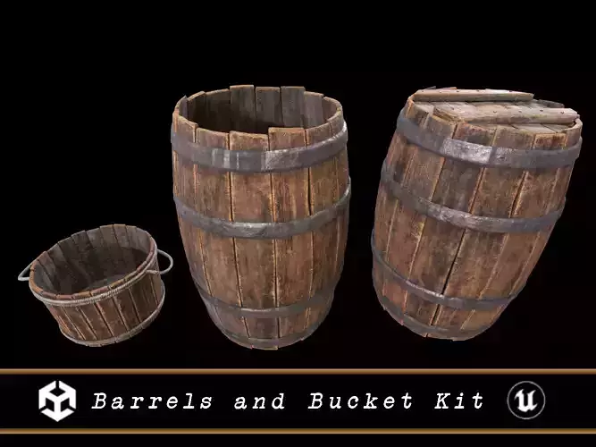 Barrels and Bucket Kit  Low-poly 3D model