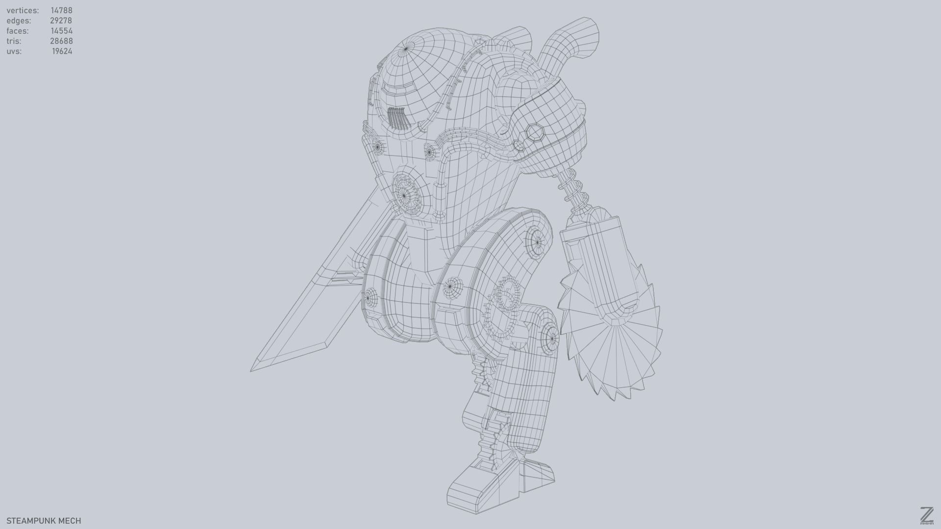 Steampunk mech Low-poly 3D model_10