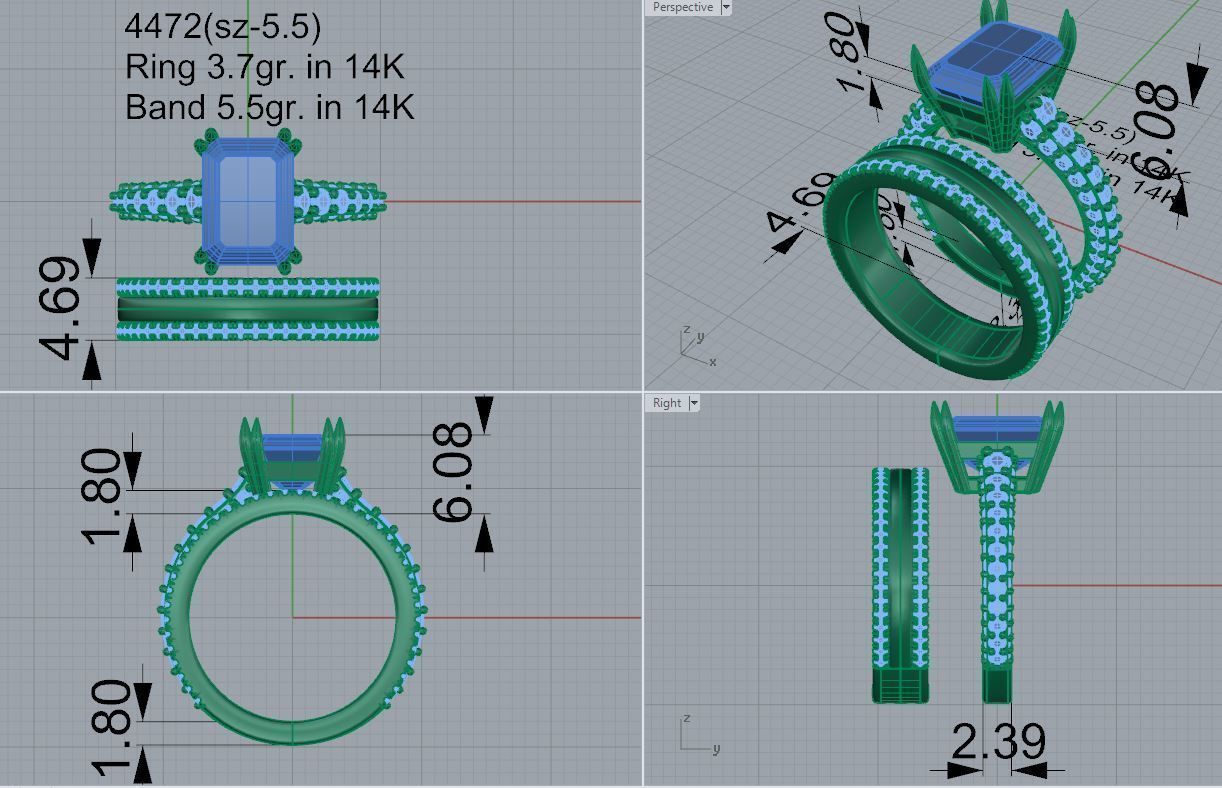 Emerald Ring Wedding Set 4472 3D print model_5