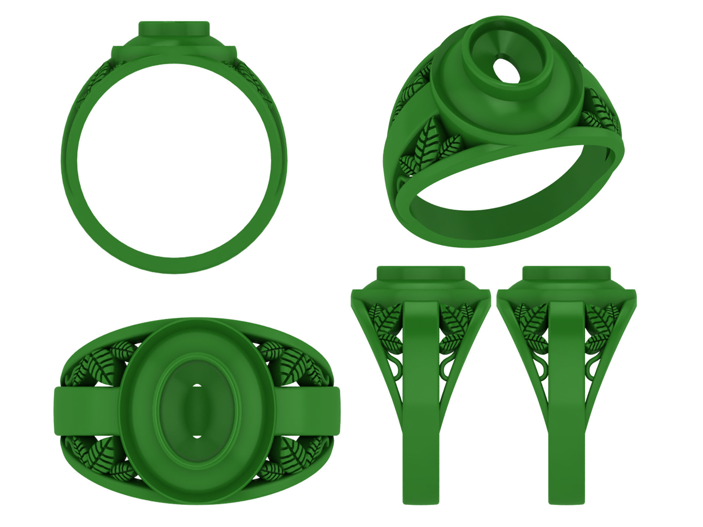 Personalized Class Ring 18- Oval Stone and Nature Leafs Size 7 3D print model_4