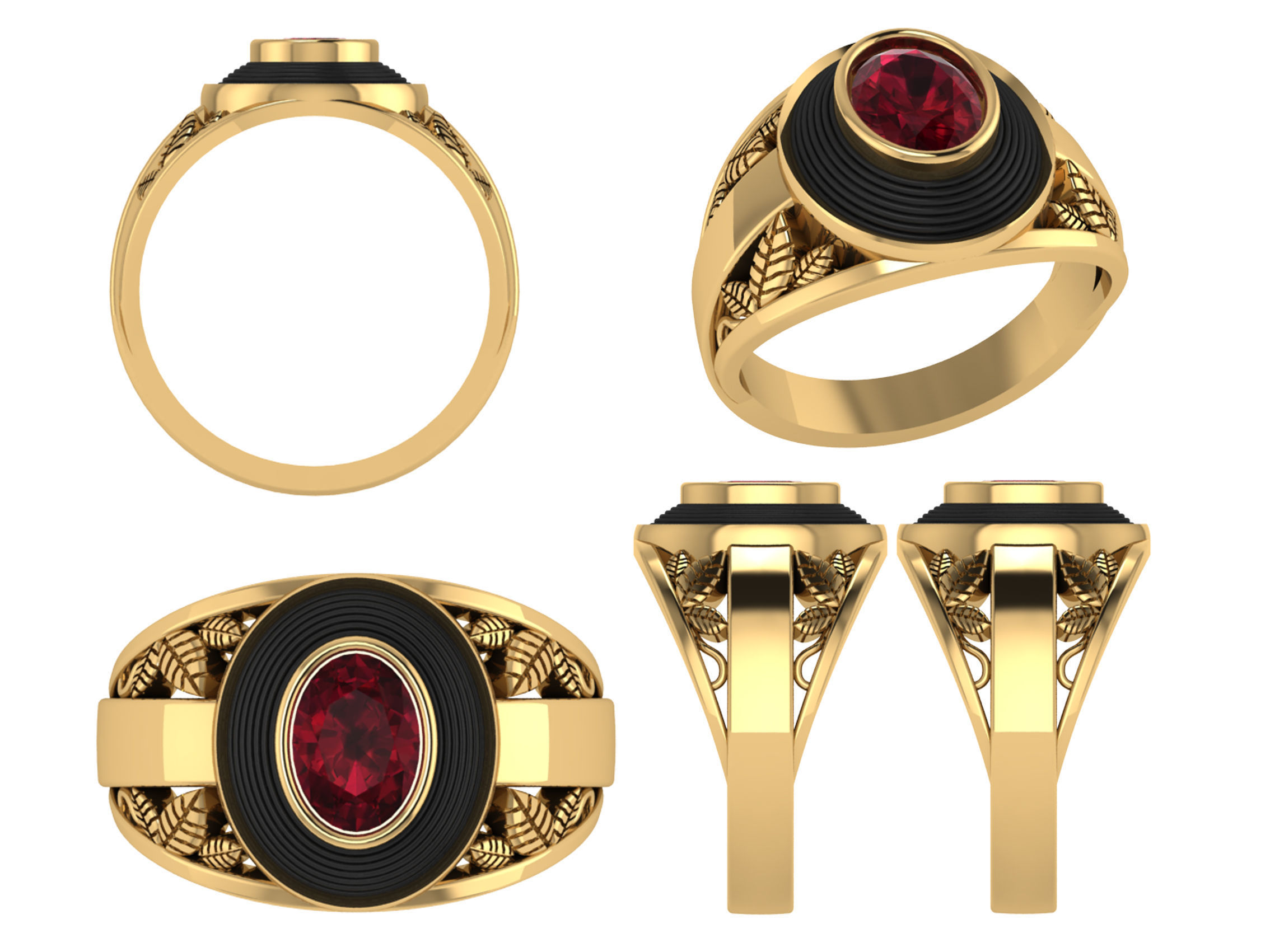 Personalized Class Ring 18- Oval Stone and Nature Leafs Size 7 3D print model_3