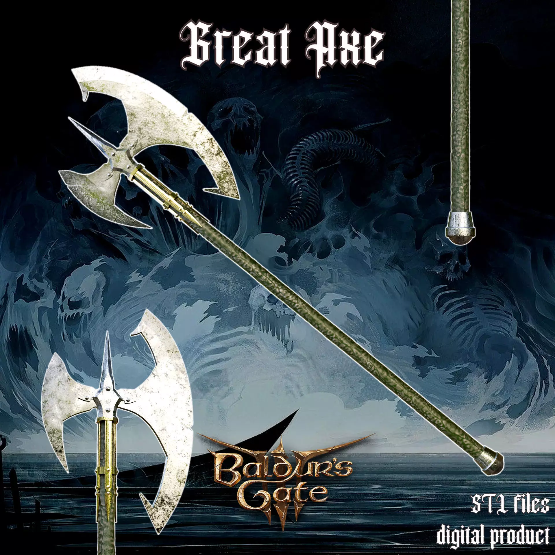 Fantasy Great Axe Baldurs Gate 3 3D print model