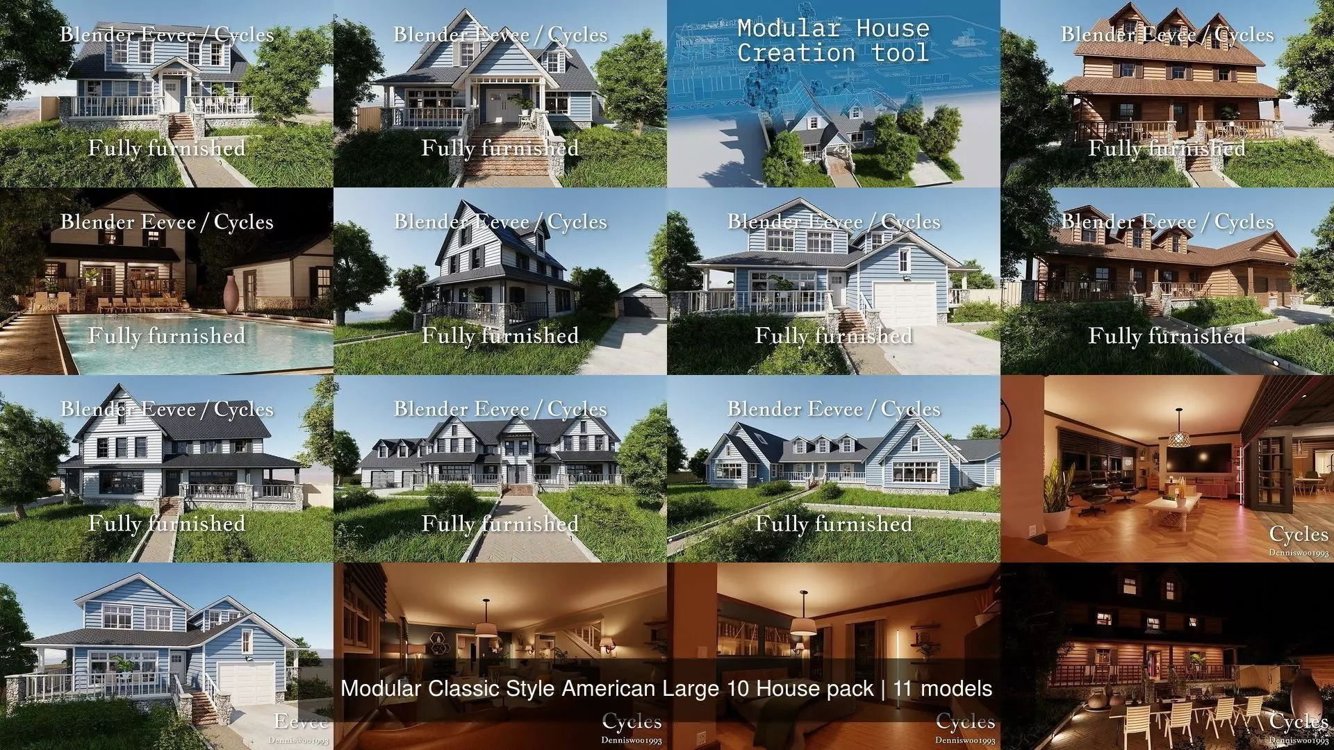 Modular Classic Style American Large 10 House pack 3D Model Collection_12