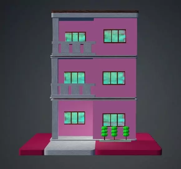 Low Poly Pink Storey Building House Low-poly 3D model_0