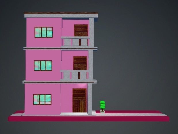Low Poly Pink Storey Building House Low-poly 3D model_7
