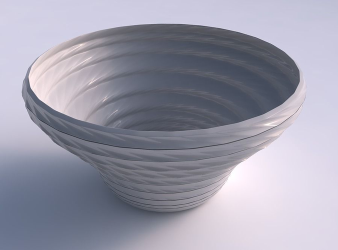 Bowl wide and twisted with horizontal dents and twisted diagonal lines