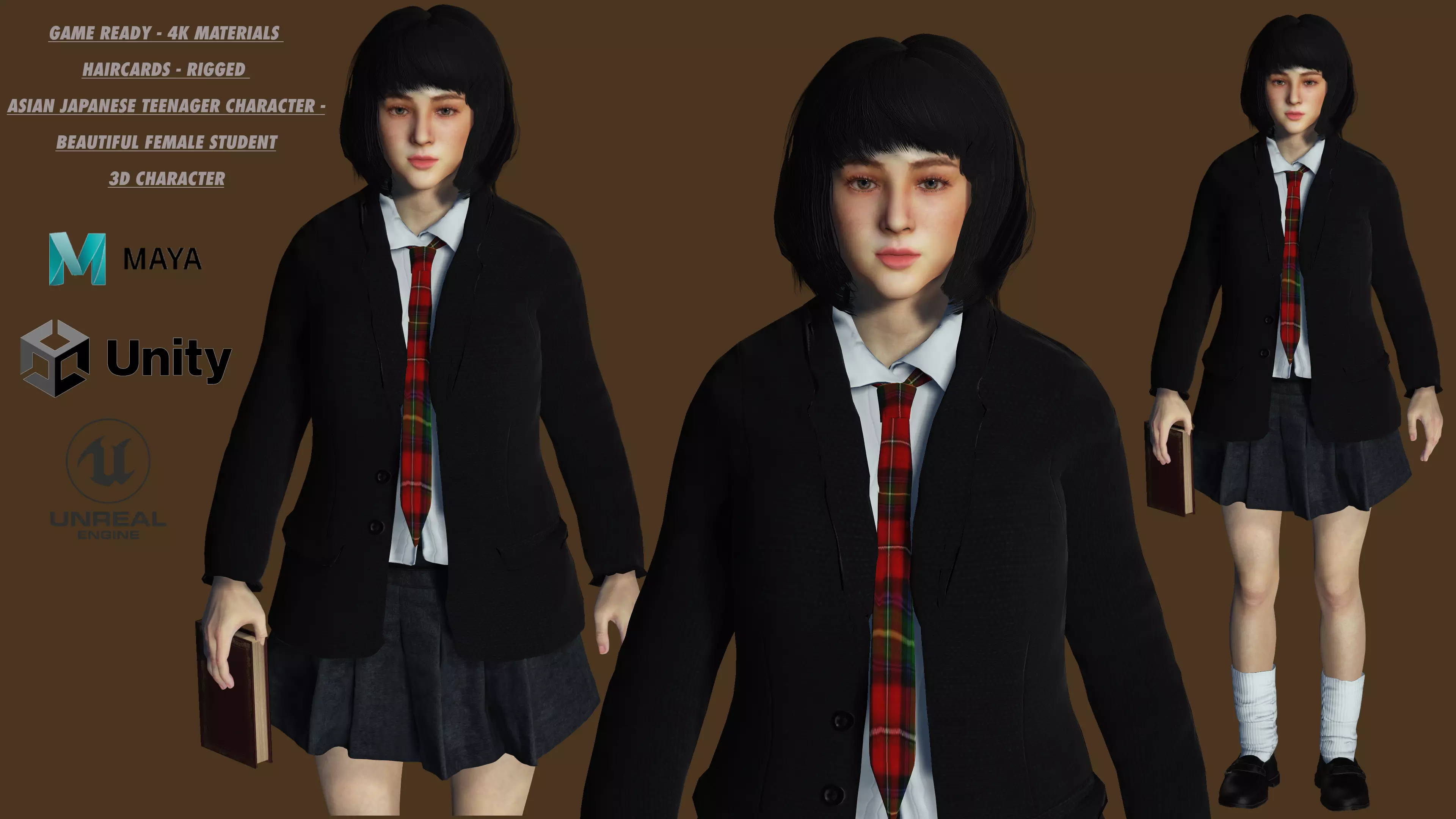 AAA 3D REALISTIC CHARACTER - BEAUTIFUL ASIAN FEMALE STUDENT 01 Low-poly 3D model_0