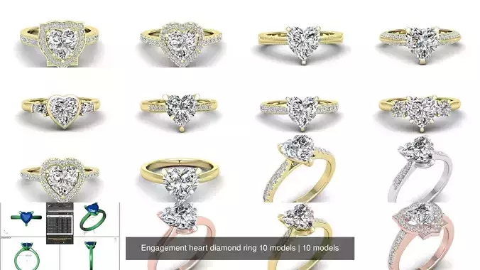 Engagement heart diamond ring 10 models 3D Model Collection