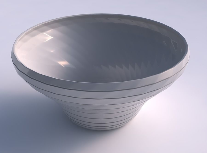 Bowl wide and twisted with hard horizontal dents