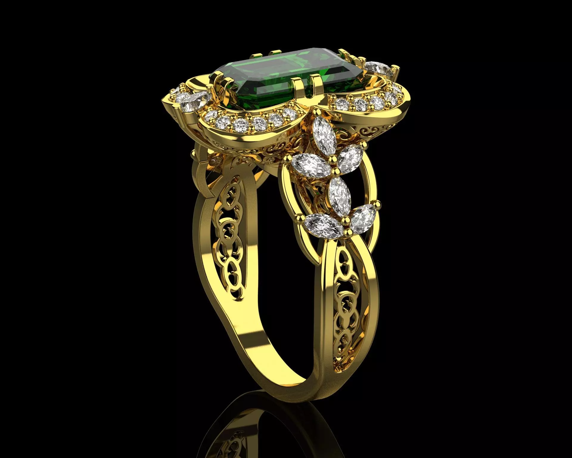 Ring with emerald and diamonds 016119 3D print model_0